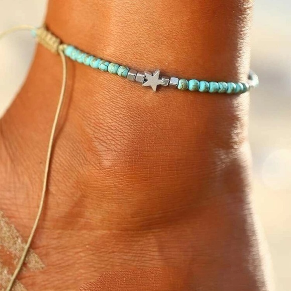 Star Beaded Anklet Hemp Adjustable Turquoise - Picture 3 of 10
